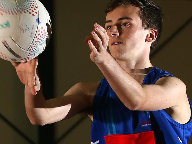 Men's and boys netball is taking off at the Doncaster Netball Club, which has a junior all-boys team for the first time this year. Players Brent Pace and Bodhi Stringer.18th July, Templestowe, Melbourne.Picture : George Salpigtidis