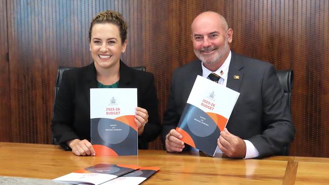 Northern Territory Chief Minister Lia Finocchiaro and Treasurer Bill Yan. The CLP will deliver the NT Budget 2025-26 on May 13, promising a record spend on law and order. Picture: Fia Walsh.