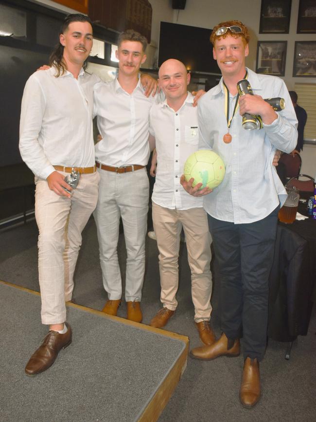 The Mirboo North Football Netball Club Tigers Presentation Night 2024 on Saturday, September 21, 2024: Patrick Lewis, Beau Peters, Damo Turner and Taj Wilkins — “Wolly” (soccer ball). Picture: Jack Colantuono