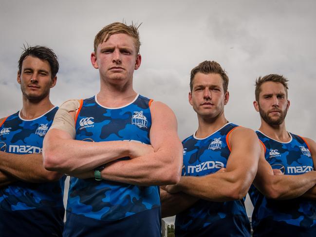 North Melbourne Leadership Group. The Kangaroos Leadership group for the upcoming 2018 AFL season (l to r) Robbie Tarrant, Jack Ziebell, Shaun Higgins and Jamie Macmillan. The group pose at Adern Street Oval in North Melbourne. Picture: Eugene Hyland