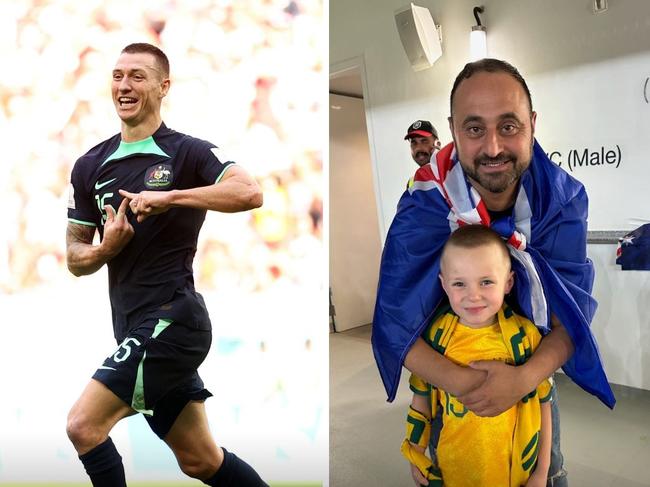 Socceroos striker Mitchell Duke (left) and Tony Basha, Duke's junior coach and mentor, with Duke's son Jaxson, at the 2022 FIFA World Cup. Photo: supplied.