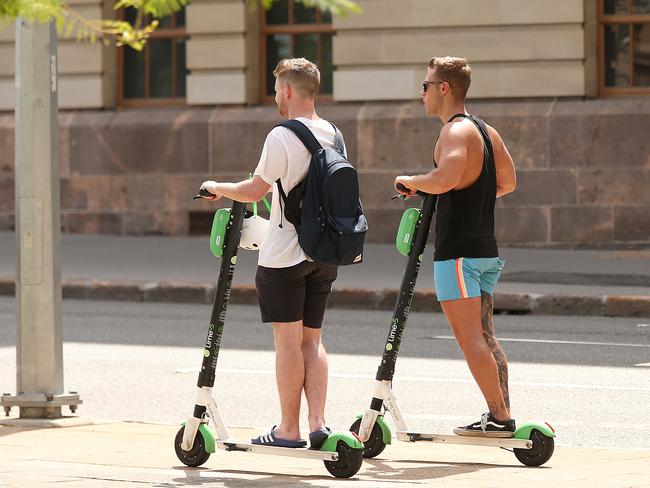 The safety of the e-scooters and lack of helmets has been a bugbear in the Brisbane trial. Picture: Lyndon Mechielsen/The Australian