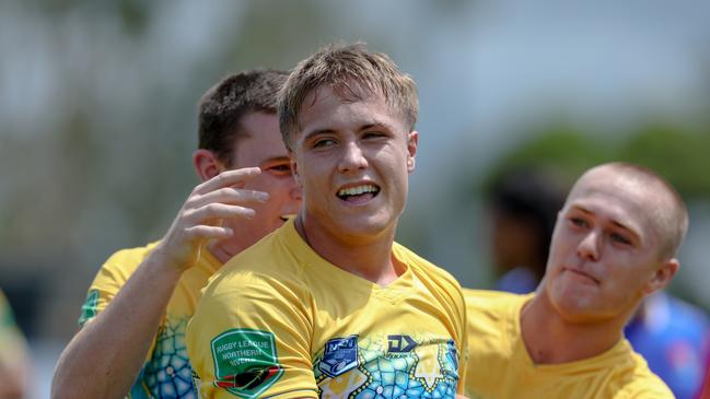 Noah Waldock celebrating after scoring a try for the Northern Rivers Titans against the Newcastle-Maitland Region Knights during round one of the Laurie Daley Cup. Picture: DC Sports Photography.