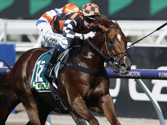 MELBOURNE , AUSTRALIA. March 2 , 2024.  Flemington Races . Race 8. The Australian Guineas.    Southport Tycoon ridden by Jamie Kay wins the Australian Guineas  . Pic: Michael Klein