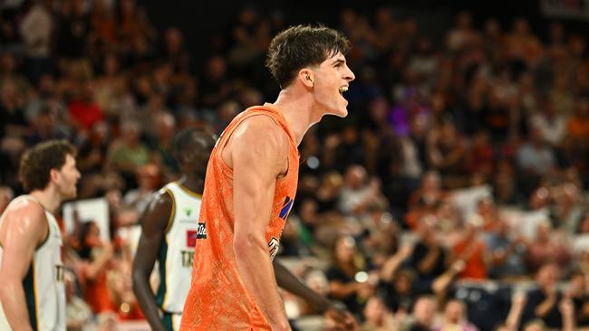 CAIRNS, AUSTRALIA - OCTOBER 04: Taran Armstrong of the Taipans reacts during the round three NBL match between Cairns Taipans and Tasmania Jackjumpers at Cairns Convention Centre, on October 04, 2024, in Cairns, Australia. (Photo by Emily Barker/Getty Images)