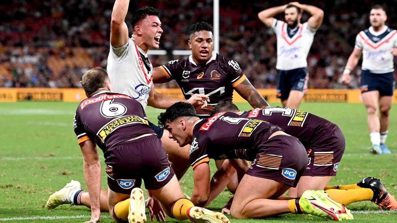 Roosters centre Joey Manu celebrates scoring a crucial try against the Broncos. Picture: Bradley Kanaris/Getty Images