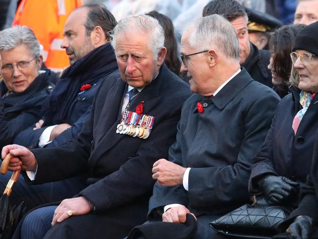 Prince Charles and PM Malcolm Turnbull attend the Anzac dawn service for the centenary of the battle of Villers-Bretonneux at the Australian Memorial. Picture: Ella Pellegrini/News Corp Australia