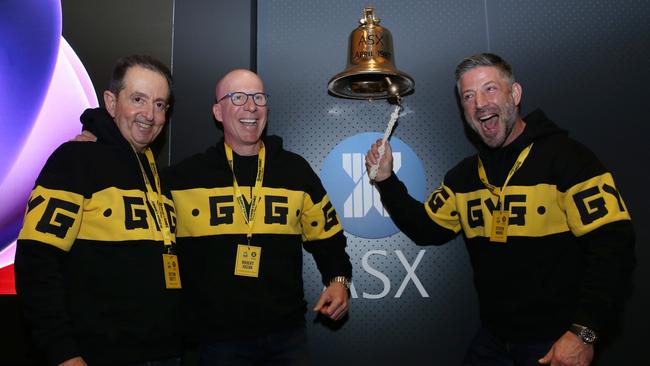 Hilton Brett, Robert Hazan and Steven Marks, Founder and Co-CEO ring the bell. ASX listing of Guzman y Gomez at the Sydney Stock Exchange building in Sydney. Britta Campion / The Australian