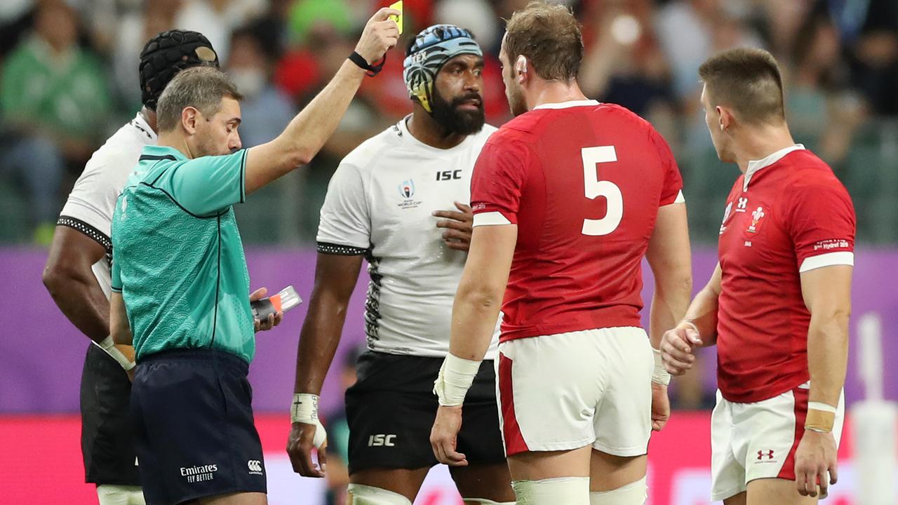 evita Cavubati of Fiji receives a yellow card during the Rugby World Cup 2019 Group D game with Wales.