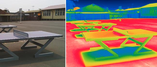 Heat maps conducted by the study show the scorching temperatures above 50C (red areas) in school playgrounds. Picture: supplied School Microclimates