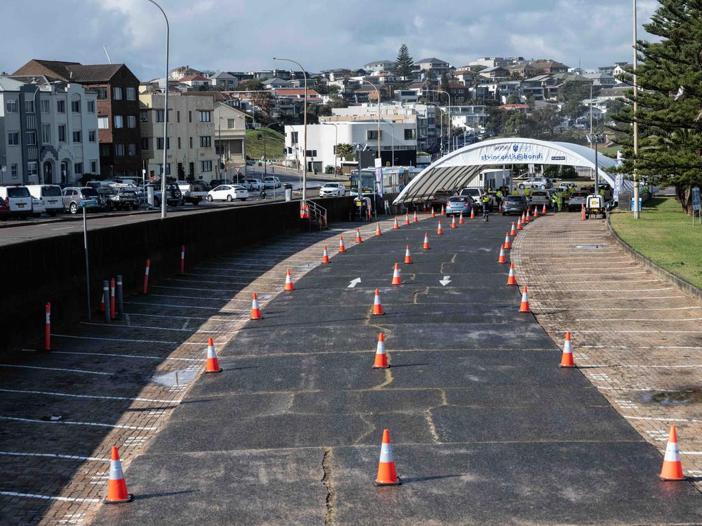 Barren: A small number of cars queuing at the Bondi Beach drive-through COVID-19 test centre, Sydney. Picture: James Gourley