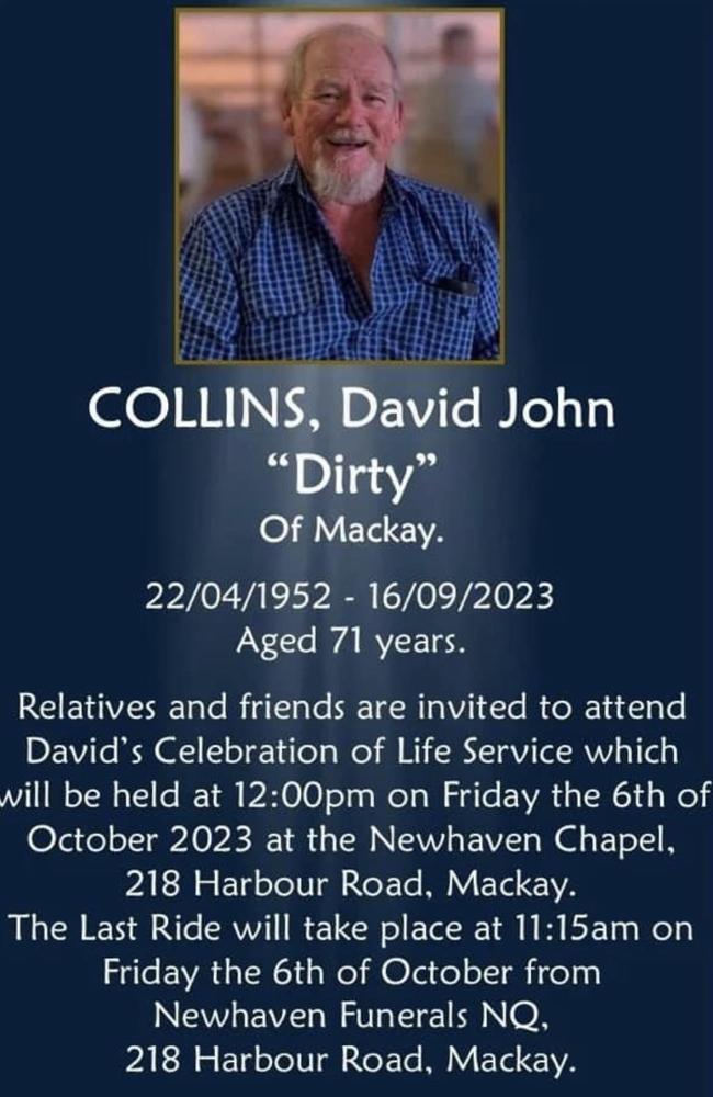 David 'Dirty' Collins will be farewelled at a moving service on Friday, October 6.