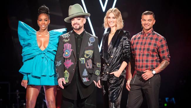 The judge’s on Nine’s The Voice 2020: Kelly Rowland, Boy George, Delta Goodrem and Guy Sebastian.