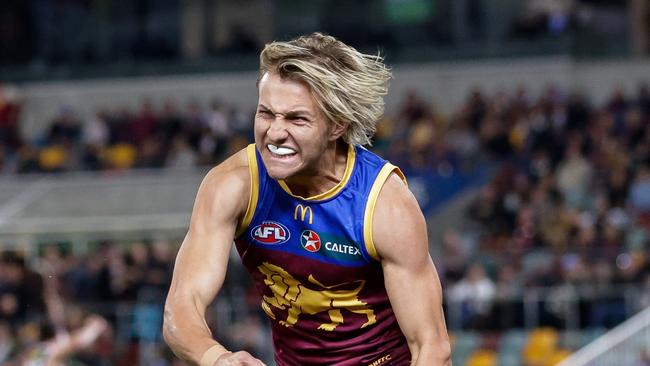 BRISBANE, AUSTRALIA – JUNE 14: Kai Lohmann of the Lions celebrates a goal during the 2024 AFL Round 14 match between the Brisbane Lions and the St Kilda Saints at The Gabba on June 14, 2024 in Brisbane, Australia. (Photo by Russell Freeman/AFL Photos via Getty Images)