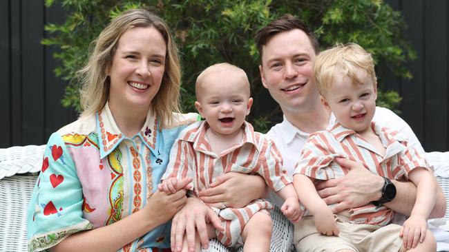 EMBARGOED TILL 2ND FEBRUARY 2025 -  Dr Timothy & Chelsea Beckman with sons Emrys 1yrs after Craniofacial surgery and brother Harry 3yrs  .   Mater Story Reshni ph 0417191094. Pic Annette Dew