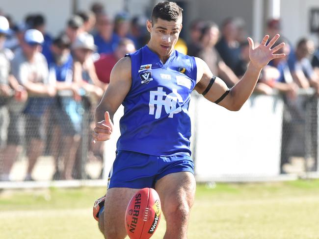 Luke Hewitt of Hastings in action during the MPNFL Div 2 match in Hastings, Melbourne, Saturday, April 20, 2019. MPNFL Div 2 v Devon Meadows V Hastings. (AAP Image/James Ross) NO ARCHIVING