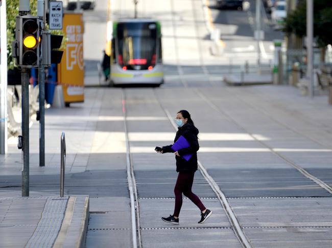 Bourke Street Mall in Melbourne’s CBD remains deserted. Picture: Andrew Henshaw