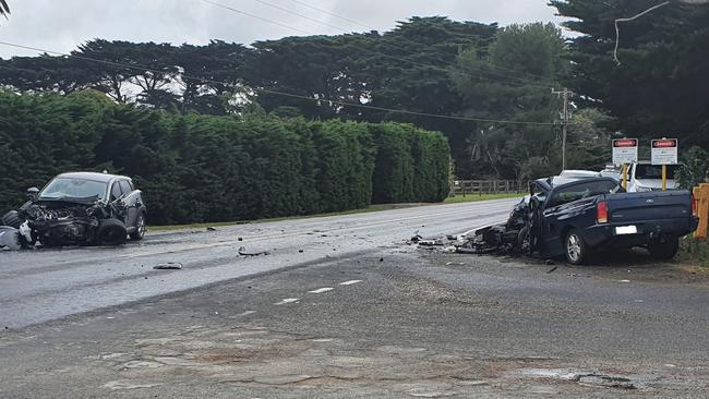 Two cars collided in a fatal smash on the corner of Mornington-Tyabb and Stumpy Gully roads. Picture: Lucy Callander