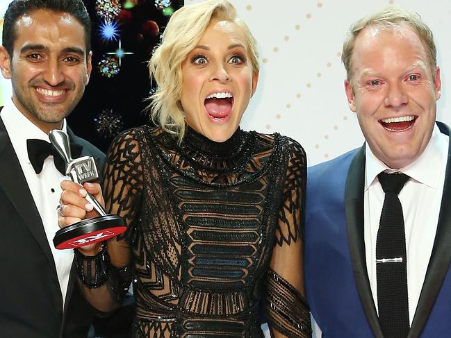 MELBOURNE, AUSTRALIA - MAY 08:  Waleed Aly, Carrie Bickmore and Peter Helliar pose with the Logie Award for Best News Panel Or Current Affairs Program 'The Project ' during the 58th Annual Logie Awards at Crown Palladium on May 8, 2016 in Melbourne, Australia.  (Photo by Scott Barbour/Getty Images)