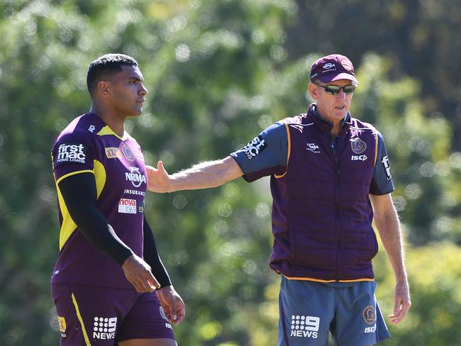 (L-R) Tevita Pangai Junior and Wayne Bennett during their time together at the Broncos in 2018. Picture: Dave Hunt