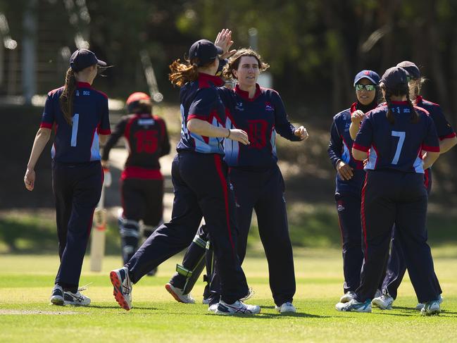 Dandenong Panthers celebrate a wicket against EMP on Sunday.