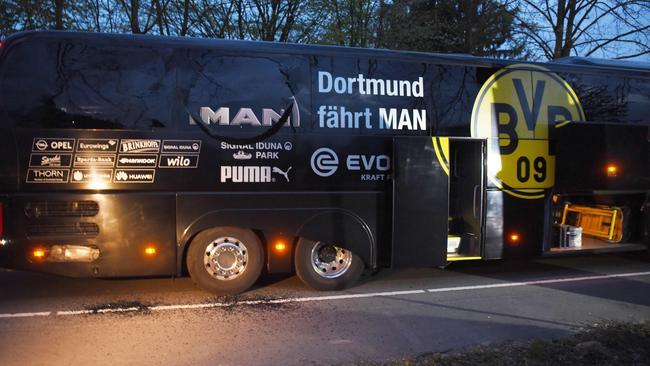 Borussia Dortmund's damaged bus after an explosion en route to their stadium.