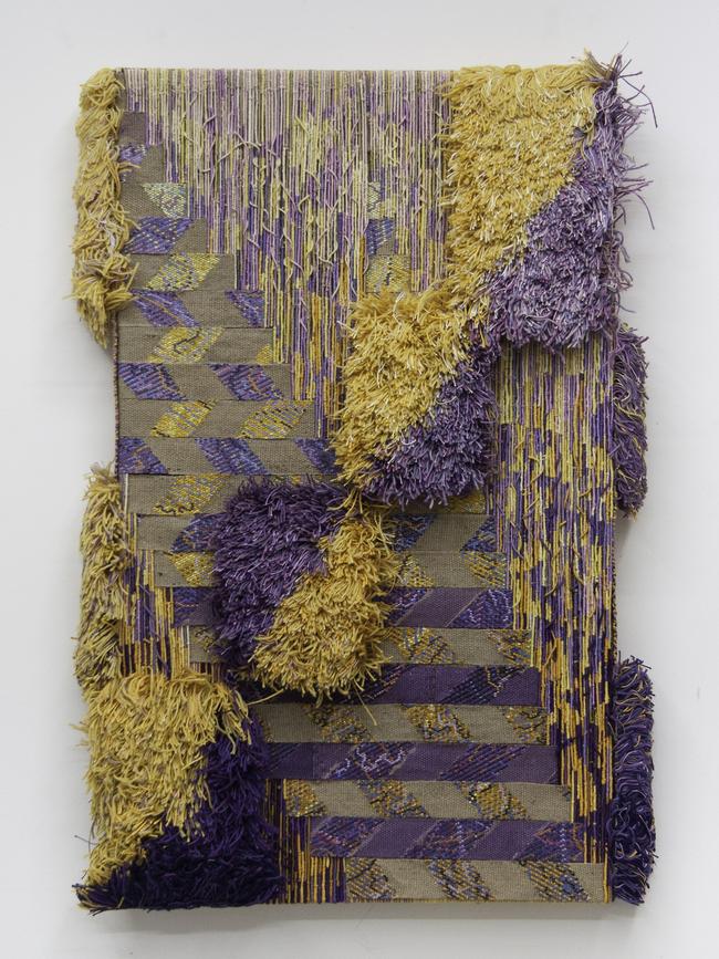 Sam Martin, 'As if it were the seasons', 2017, oil, synthetic polymer, glitter, jute, jute string, hemp cord, cotton, wool and buttons over canvas, 112 x 80 x 14cm; $5200. Image courtesy of the artist and STATION. 