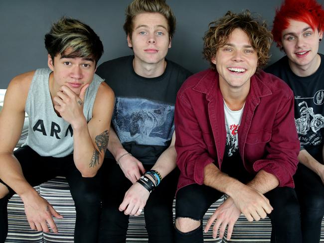 5 Seconds of Summer band members ( L to r ) Calum Hood, Luke Hemmings, Aston Irwin and Michael Clifford have arrived home from the US. The band pictured at Intercontinental Hotel, Sydney. Picture Cameron Richardson