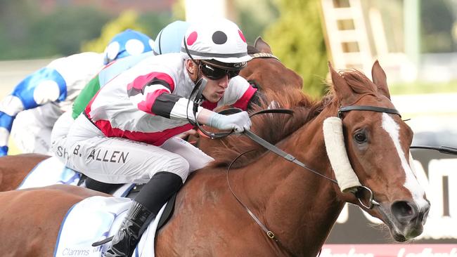 Jockey Ben Allen won the Group 2 Feehan Stakes aboard Pinstriped during a successful spring carnival. Picture: Racing Photos via Getty Images.