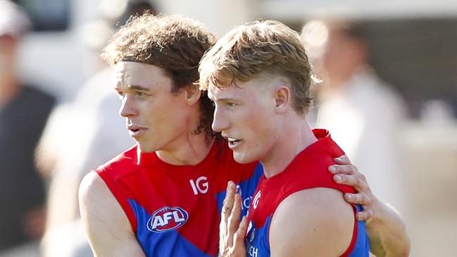 Ben Brown and Jacob van Rooyen celebrate a goal. Picture: Dylan Burns/AFL Photos via Getty Images