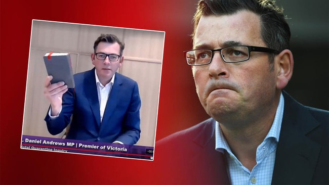 Victorian Premier Daniel Andrews (main picture) fronts his daily press conference and (inset) swears in to give evidence to the hotel quarantine inquiry. Pictures: James Ross/Supplied