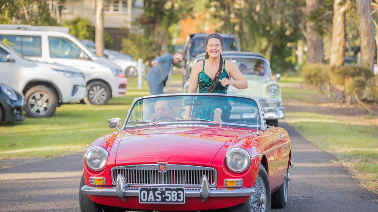 Glasshouse Christian College student Angelique Hallett, who was recently awarded The Order of Australia Queensland Secondary Schools Citizenship Award for her community work, arrived ready for a fun night in a red convertible. Picture: Jordan Bull