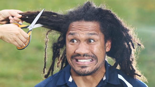 Former NRL star Clinton Toopi is going to cut his hair for the first time in six years to raise funds for little Paige Skarratts. However facing the scissors is still a scary prospect for him. Picture Glenn Hampson