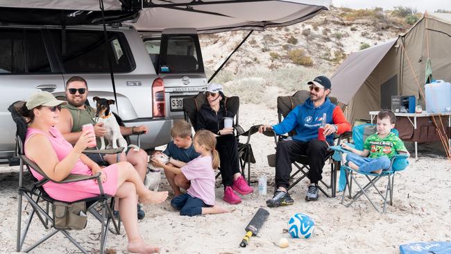 Lucy Zadoyanchuk, Oleg Zadoyanchuk, Henry Zadoyanchuk, Scarlett Shigror, Lena Shigror, Misha Shigror and Gabriel Shigror enjoy a day at Wauraltee Beach near Port Victoria on Yorke Peninsula. Picture: Tim Joy