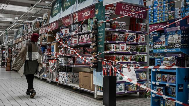 The closed toy department of a supermarket in Bordeaux, France. Supermarkets are banned from selling ‘non-essential products’. Picture: AFP