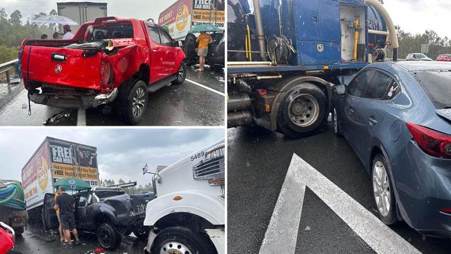 Some of the damage caused in the nine-car pile-up on the Bruce Hwy at the Sunshine Coast.