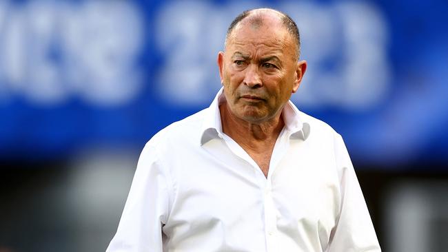 SAINT-ETIENNE, FRANCE - OCTOBER 01: Eddie Jones, Head Coach of Australia, looks on during the warm up prior to the Rugby World Cup France 2023 match between Australia and Portugal at Stade Geoffroy-Guichard on October 01, 2023 in Saint-Etienne, France. (Photo by Chris Hyde/Getty Images)