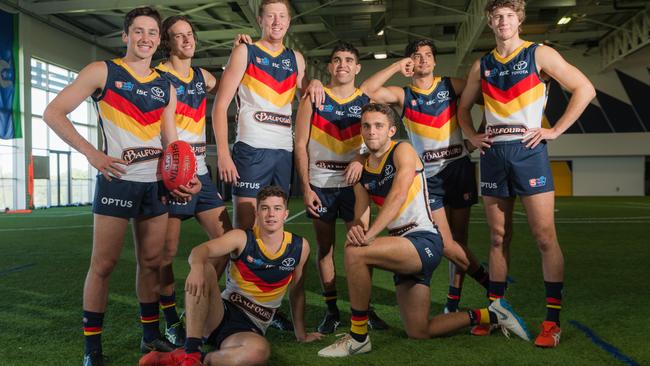 YOUNG TALENT TIME: Adelaide’s 2018 draftees, from left, Chayce Jones, Will Hamill, Kieran Strachan, Ned McHenry, Tyson Stengle, Lachlan Sholl, Shane McAdam and Jordon Butts. Picture: ALEX ALESHIN.