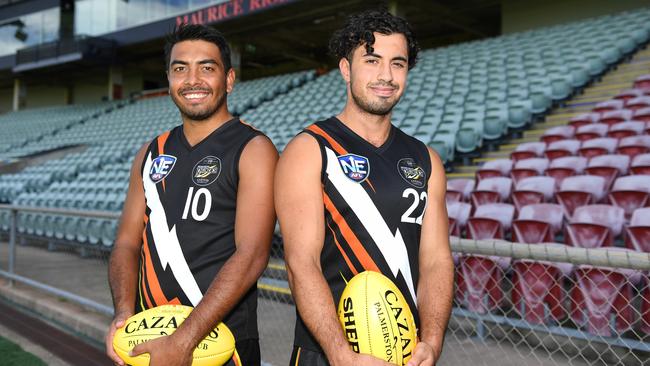 Shannon Rioli and Nathaniel Paredes of NT Thunder pose for a photograph at TIO Stadium on Wednesday, 20 February 2019. Picture: Felicity Elliott (AFLNT Media).