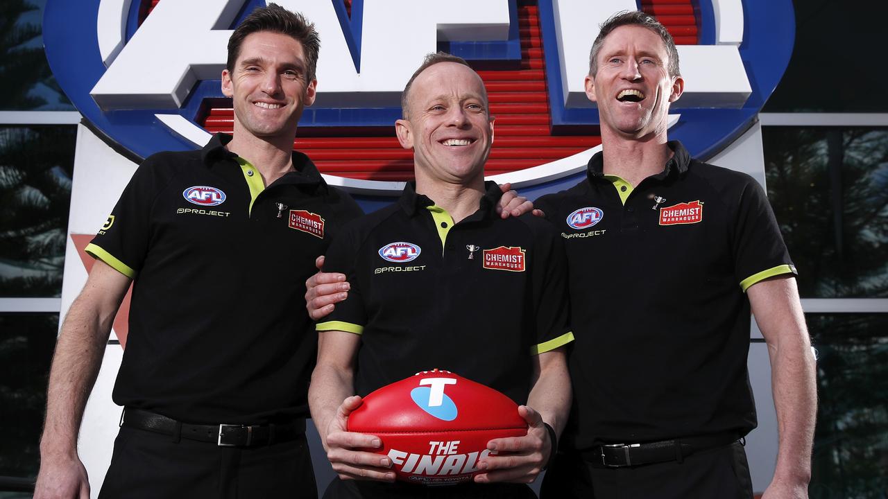 Grabnd Final AFL Field Umpires Matt Stevic (L), Ray Chamberlain and Shaun Ryan (R).