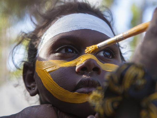 29/07/2016  Members of the Gumatj clan are painted in traditional colours ahead of the opening ceremony at Garma in northeast Arnhem Land. Cameron Herweynen/Yothu Yindi Foundation