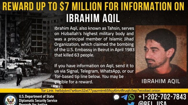 A "Wanted Poster" for Hezbollah Radwan Force commander Ibrahim Aqil dating back to 1983. Picture: AFP.