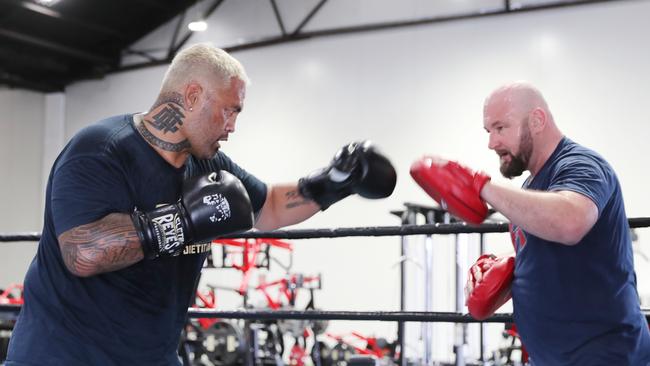 Mark Hunt hits the pads ahead of his boxing bout against Paul Gallen ahead of his boxing bout against Paul Gallen. Picture: Richard Dobson