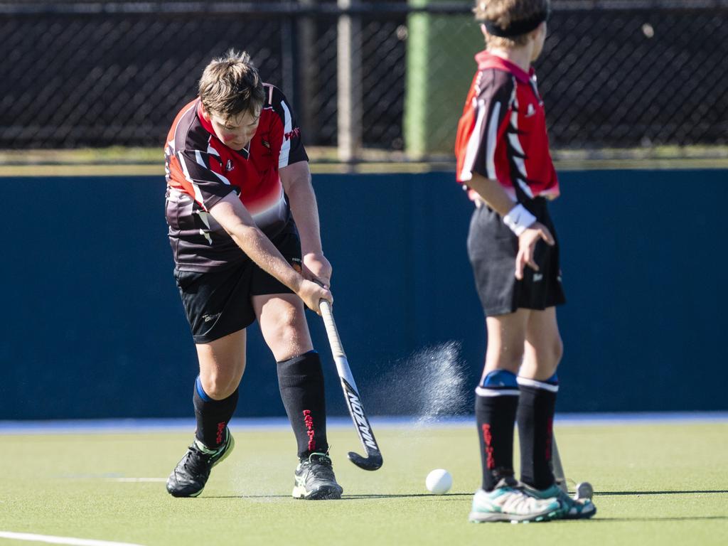 Lachlan Belanyi of Past High against Newtown Norths Tigers in under-11 boys Presidents Cup hockey at Clyde Park, Saturday, May 27, 2023. Picture: Kevin Farmer