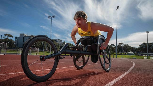 Geelong wheelchair sprinter Sam McIntosh is determined to push for a breakthrough Paralympics medal in Paris. Picture: Brad Fleet