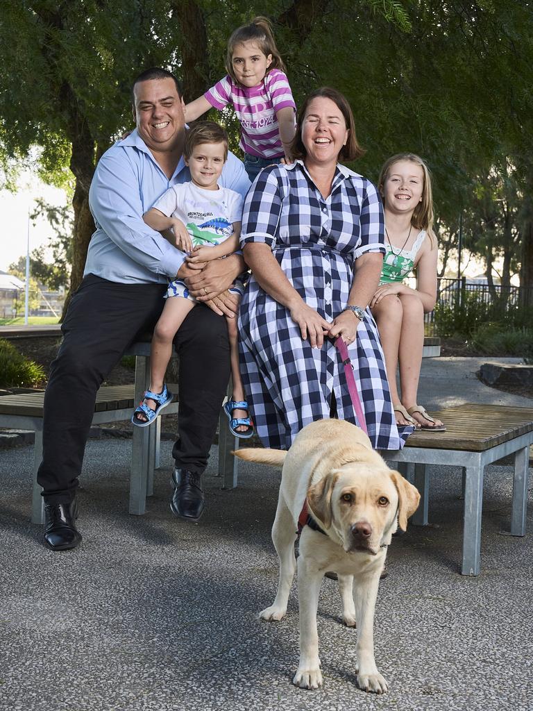 The Cross family, Nigel, Oliver, 4, Madeline, 6, Paige, Amelia, 9, and their dog, Rosie, 3. Picture: Matt Loxton