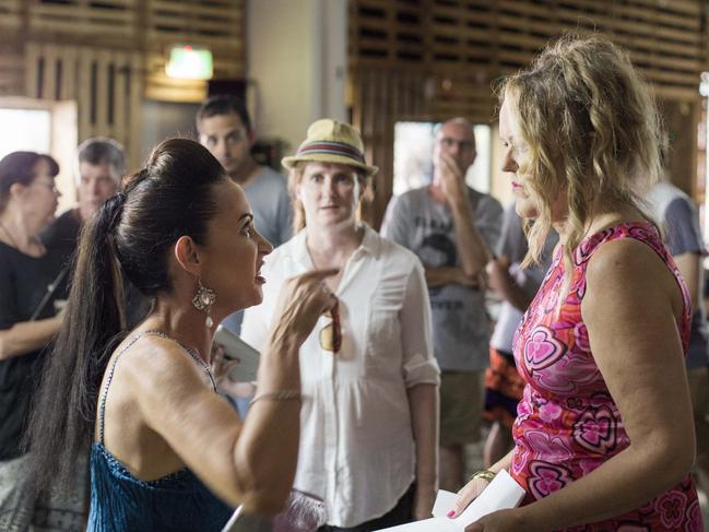 The new season of Stage Mums, directed by Louise Alston (in hat) and starring Anna Waters-Massey as Shaz Dicker (right) and Tara Page as Trace Grogan (left). Picture: Supplied.