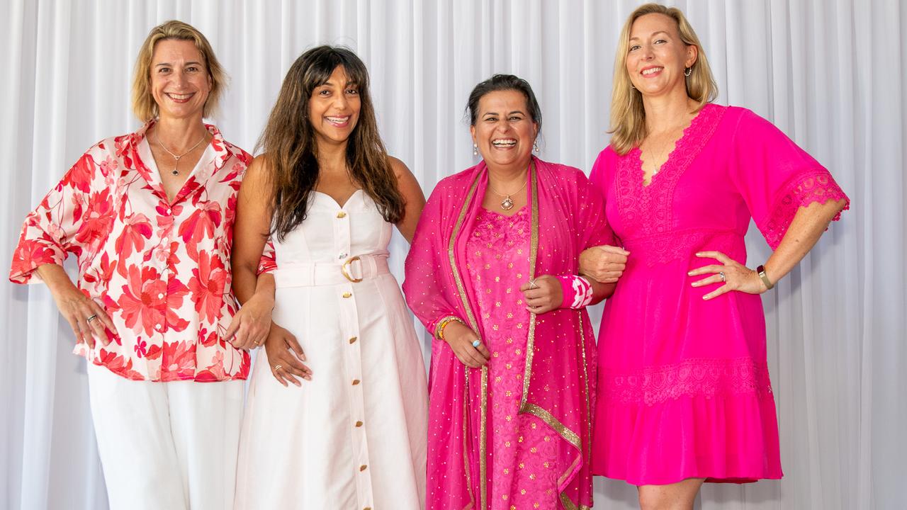 Cathrine Wilson Tabitha Satkunarajah Nisha Sachedev and Claire Briggs at the pink high tea event. Picture: Thomas Lisson