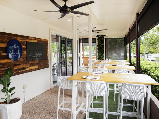 Outdoor seating at Sole restaurant at Marcoola on the Sunshine Coast. Picture: Lachie Millard