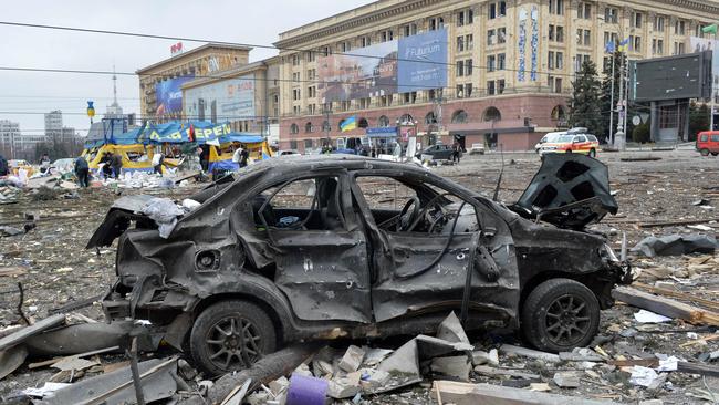 A view of the square outside the damaged local city hall of Kharkiv destroyed as a result of Russian troop shelling. The central square of Ukraine's second city, Kharkiv, was shelled by advancing Russian forces who hit the building of the local administration, regional governor Oleg Sinegubov said.